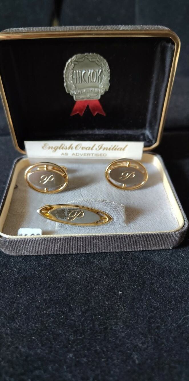 Vintage Hickock Monogram P cufflinks & tie bar, original box